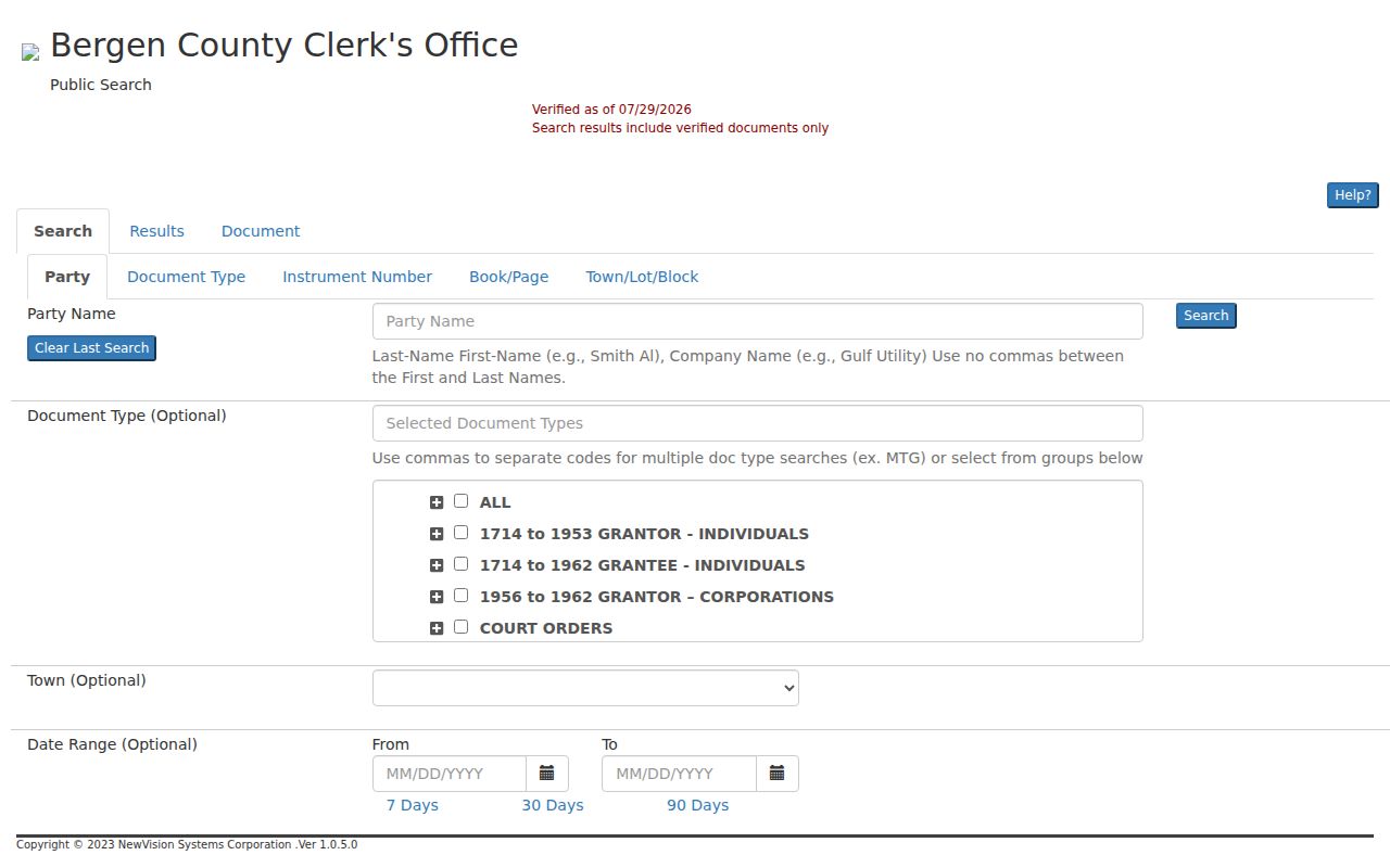 Bergenfield street directory Bergen County deed search fields