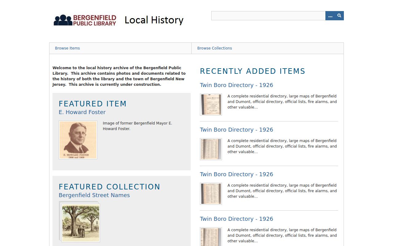 Bergenfield city directory local-history collection search page